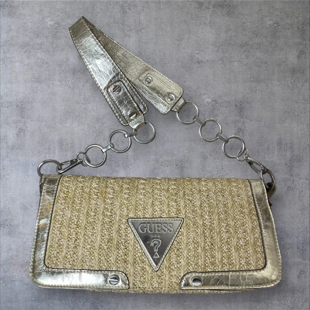 Vtg Y2K Style Guess Baguette Straw Purse Metallic Silver Snake Skin Trim 90s